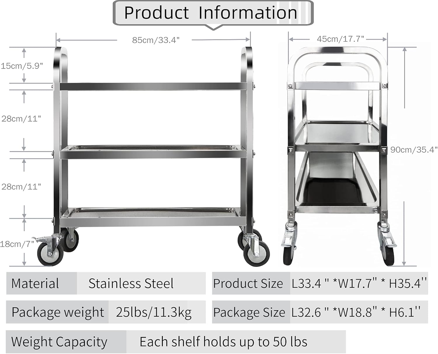 Marada 3 Tier Stainless Steel Utility Cart with Locking Wheels Shelf,Kitchen Cart Trolley,33'' L x 18'' W x 35''H,Utility Rolling Serving Catering Storage for Kitchen Restaurant Hotels