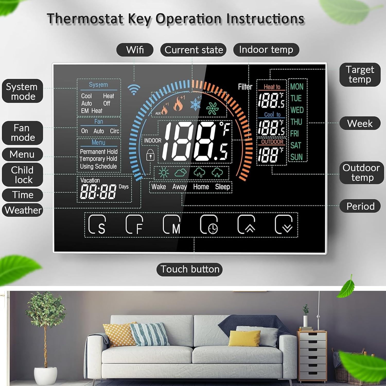 Smart Thermostats for Home, Digital Thermostat with App, WiFi Thermostats for Home, C-Wire Adapter Included, App Thermostat, LCD Color Screen, Voice Control, Energy Efficient, Easy DIY()