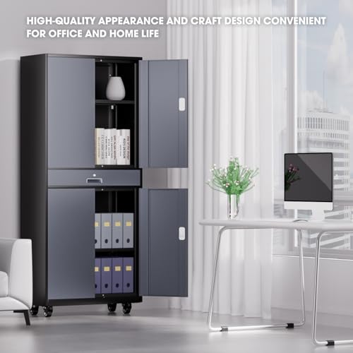DNA MOTORING 71'' Metal Storage Cabinet, Locking Tool Cabinet with 1 Drawer and Adjustable Shelves, Lockable Heavy Duty Metal Locker for Garage,Office,Home,Gym, Gray, TOOLS-00629-GY-GY-A