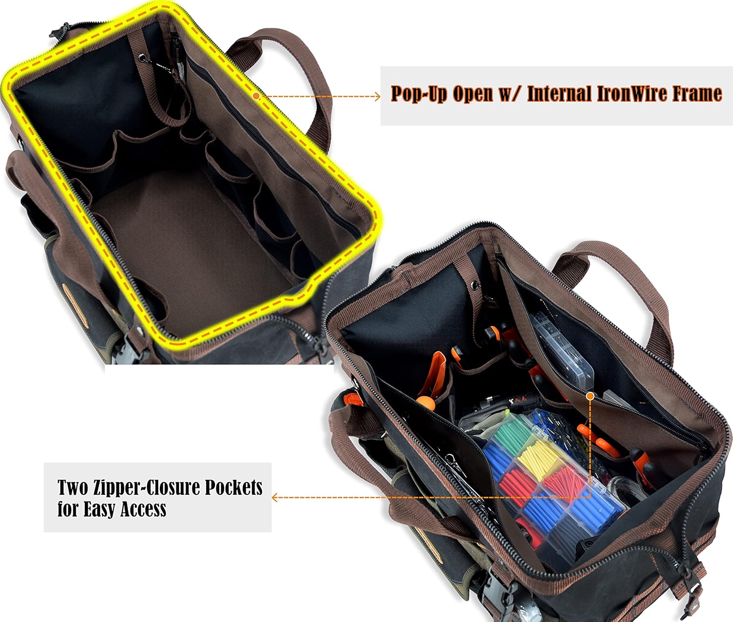 32-Pockets Waxed Canvas tool bag, Heavy-Duty Electrician tool bag, HVAC tool bag, Tool bag organizer, 16" Tools bag carrier, Tool bags for electricians, Tool bags for men, Tool bags for construction