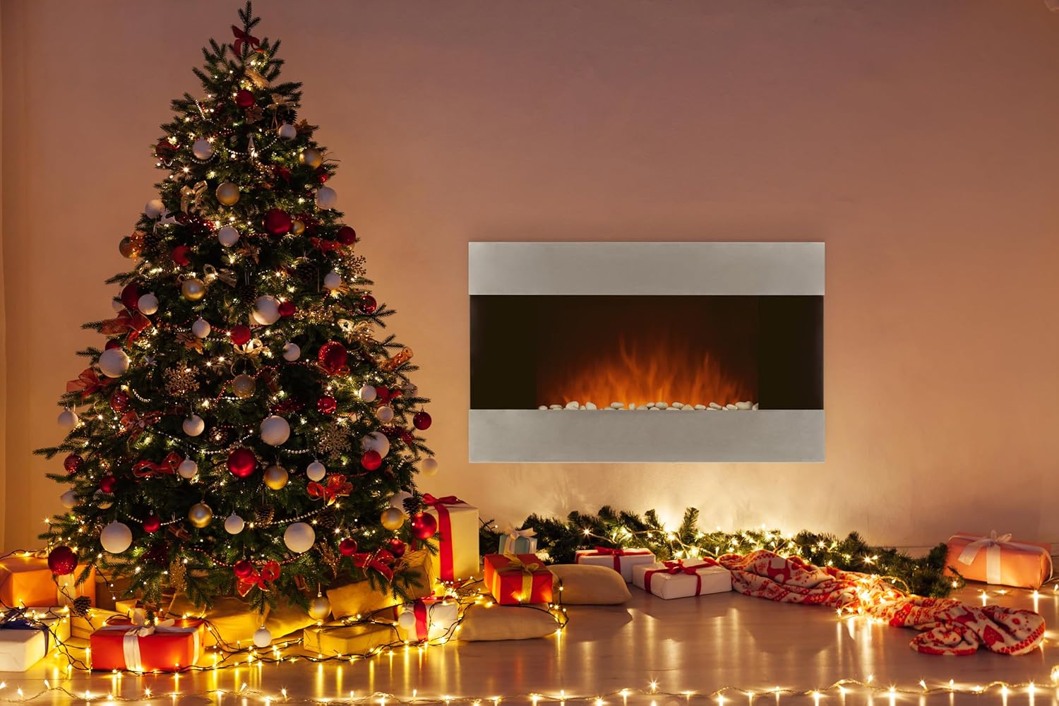 36-Inch Wall Mounted Electric Fireplace - Modern Stainless-Steel Fireplace with Floor Stand, Remote, and Adjustable Heat and Brightness by Northwest