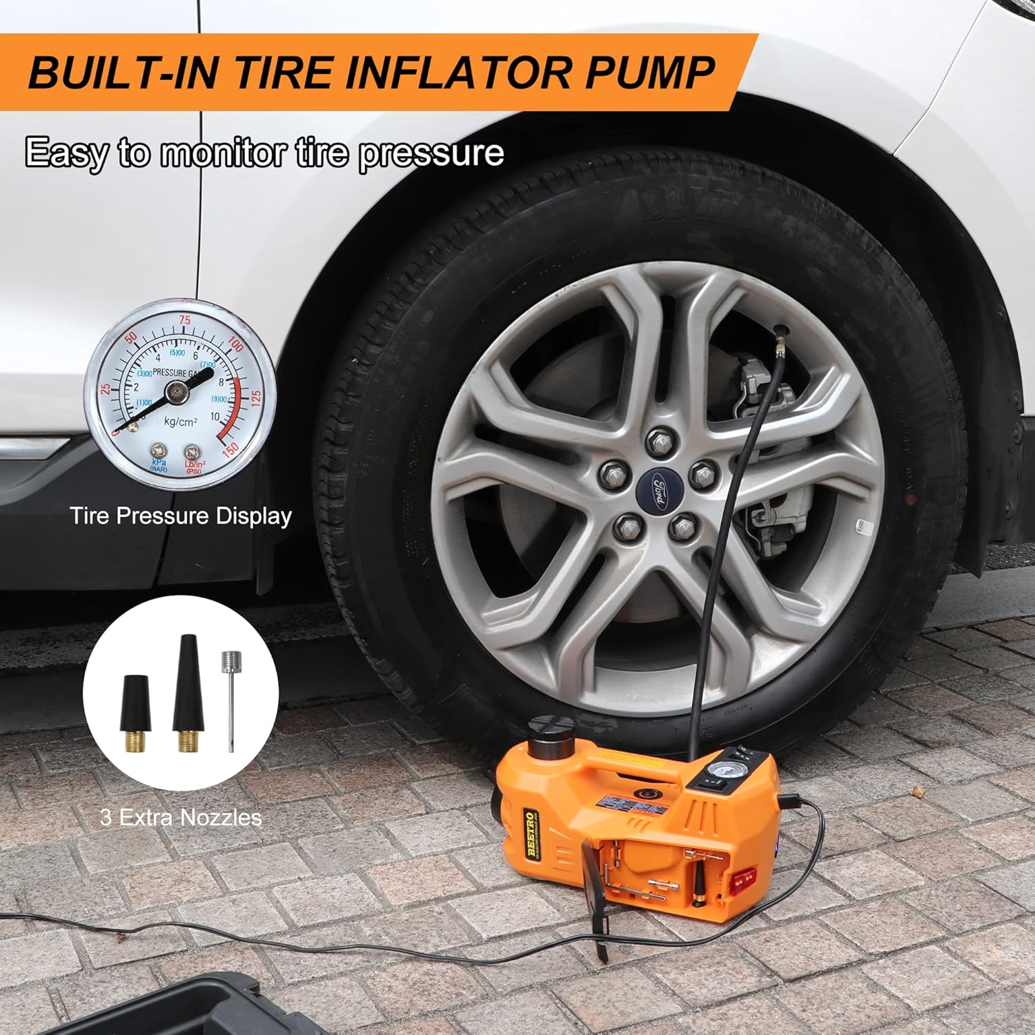 BEETRO 3 in 1 Electric Hydraulic Car Jack with Tire Inflator Pump, 5T(11000 lbs) Electric Car Floor Jack, DC 12V Electric Car Jack for an Emergency Tire Change,Lifting Range 6-17.7 inch