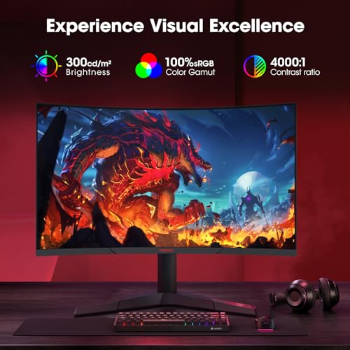 KOORUI 27 inch Gaming Monitor, QHD (2560 x 1440) R1500 180Hz Curved Monitor, AdaptiveSync with 1ms Computer Monitor, VESA Compatible, HDR10, 1 x Display Port 1.4 & 2 x HDMI 2.0, Eye Care 27E6QCA