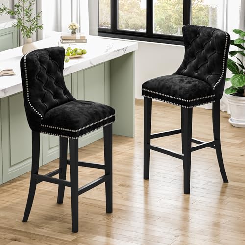 Recaceik Velvet Counter Height Bar Stools Set of 2, Upholstered Tufted Bar Stools with Back, 27" Kitchen Counter Stool for Island, High Back Kitchen Island Chairs for Home Bar, Dining Room(Blue)