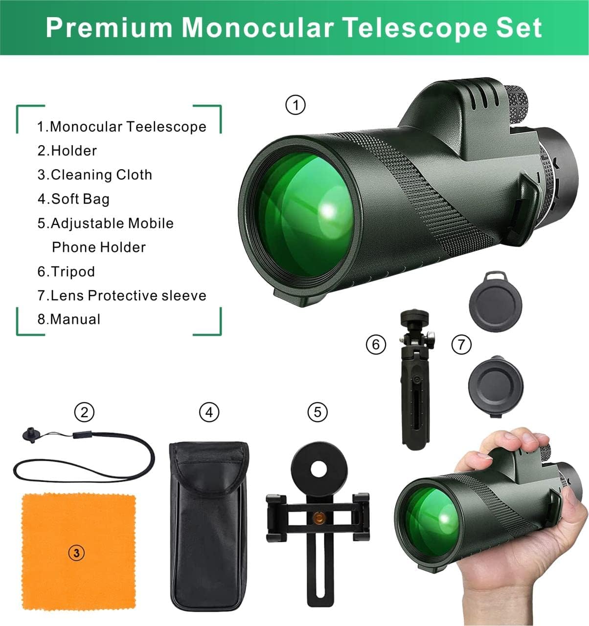 Starscope Monocular Telescope for adults-80X100 High Power Night Vision-BAK4 Prism-HD Monoculars for Smartphone Holder-Upgraded Tripod-for Bird Watching Hunting Hiking Camping Gifts for Man