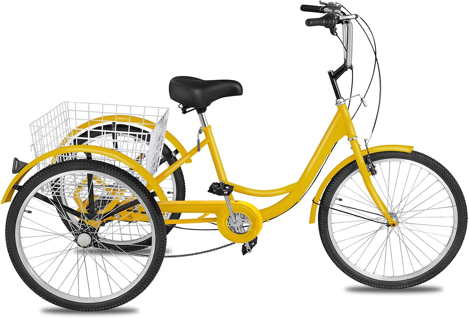 Happybuy Adult Tricycle 20 inch, Three Wheel Bikes 7 Speed, Yellow Tricycle with Bell Brake System, Bicycles with Cargo Basket for Shopping.(Yellow/7 Speed)
