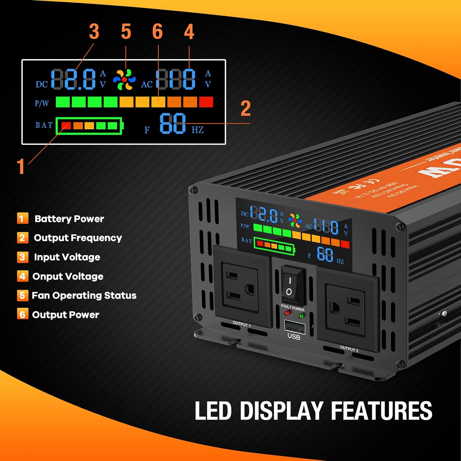 Power Inverter 2000 Watts 12V to 110V, Modified Sine Wave DC to AC Car/Home Converter, Dual 110V AC Outlets, USB Port, LED Display for Home, Outdoor, Camping, RV, Truck, Boat, Laptop and Emergency