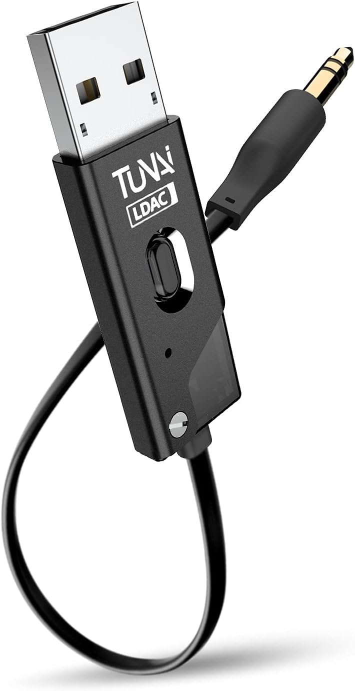 TUNAI Firefly Chat LDAC Bluetooth Adapter - Hifi Wireless Bluetooth 5.0 Receiver with USB DAC 3.5mm AUX for Car/ Home Stereo Music Streaming & Hands-Free Calls - Auto On, No charging needed (Black) Pack of 2