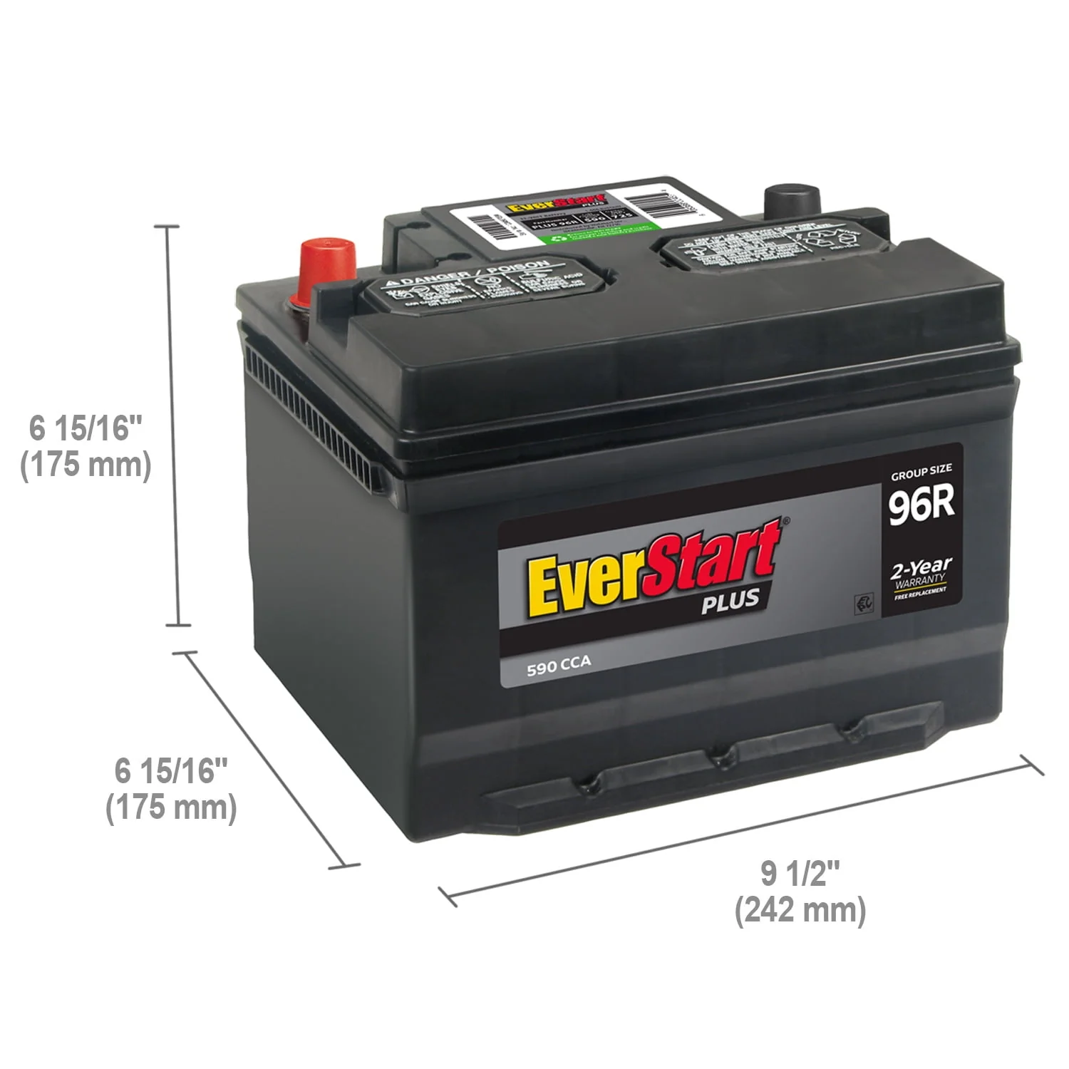 EverStart Plus Lead Acid Automotive Battery, Group Size 96R 12 Volt, 590 CCA