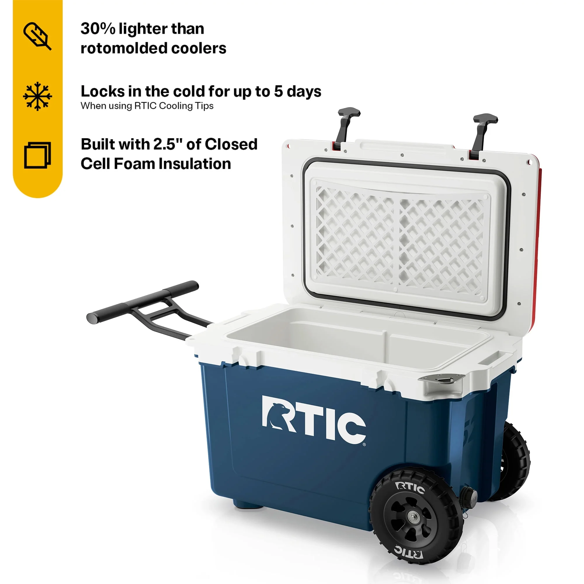 RTIC 52 QT Ultra-Light Wheeled Hard-Sided Ice Chest Cooler, White and Grey, Fits 78 Cans