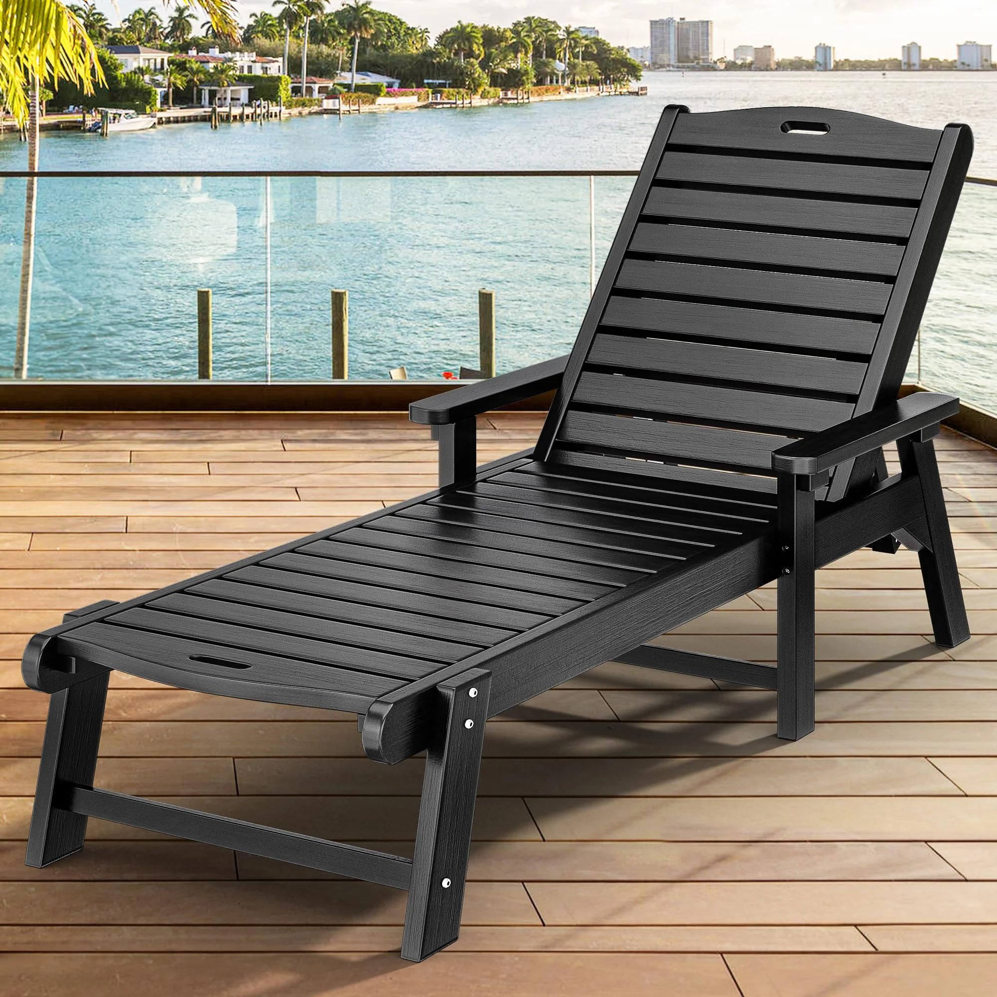 Dextrus Outdoor Chaise Lounge Chair with Adjustable Backrest, Heavy Duty Resin Patio Lounger with Wide Armrest and 350lbs Capacity for Outside Poolside Beach Backyard, Waterproof, Black