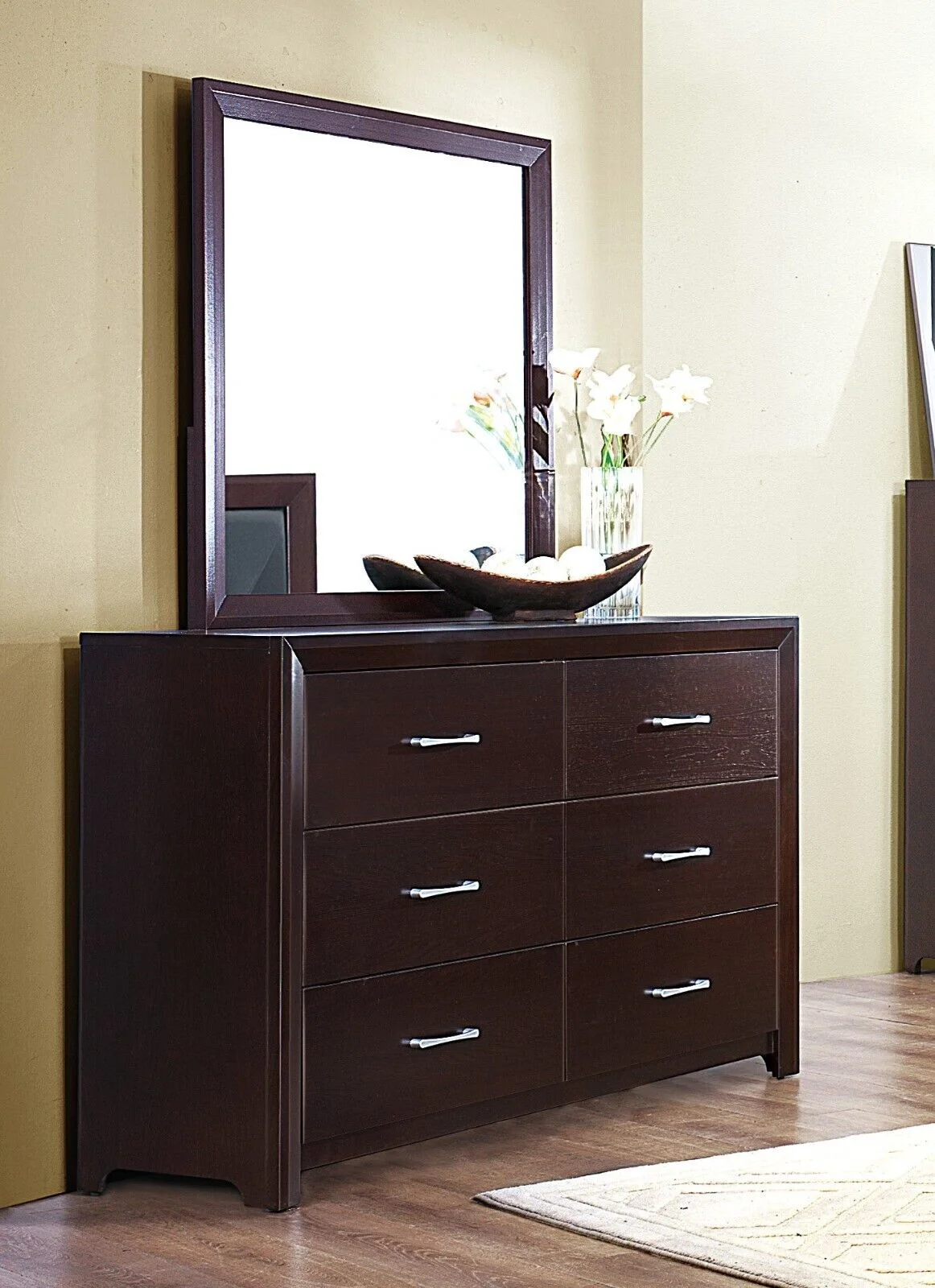 Contemporary Espresso Finish Bedroom 5pc Set Full Bed Dresser Nightstand Chest Mirror