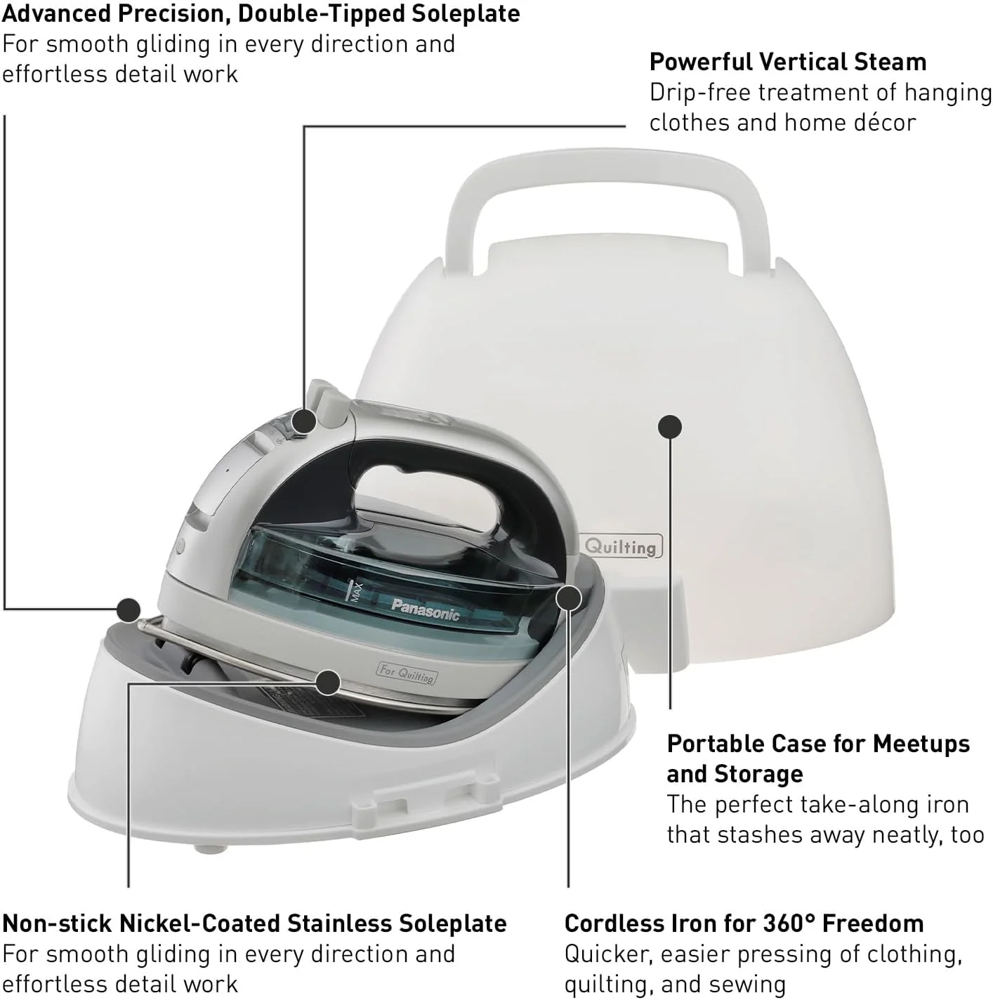 WAGEE Cordless Iron, Portable 360-Degree Freestyle Dry/Steam Iron with Precision Tips and Stainless Steel Soleplate, Anti-Calc and Anti-Drip, Power Base and Carrying/Storage - NI-QL1100L (Silver)