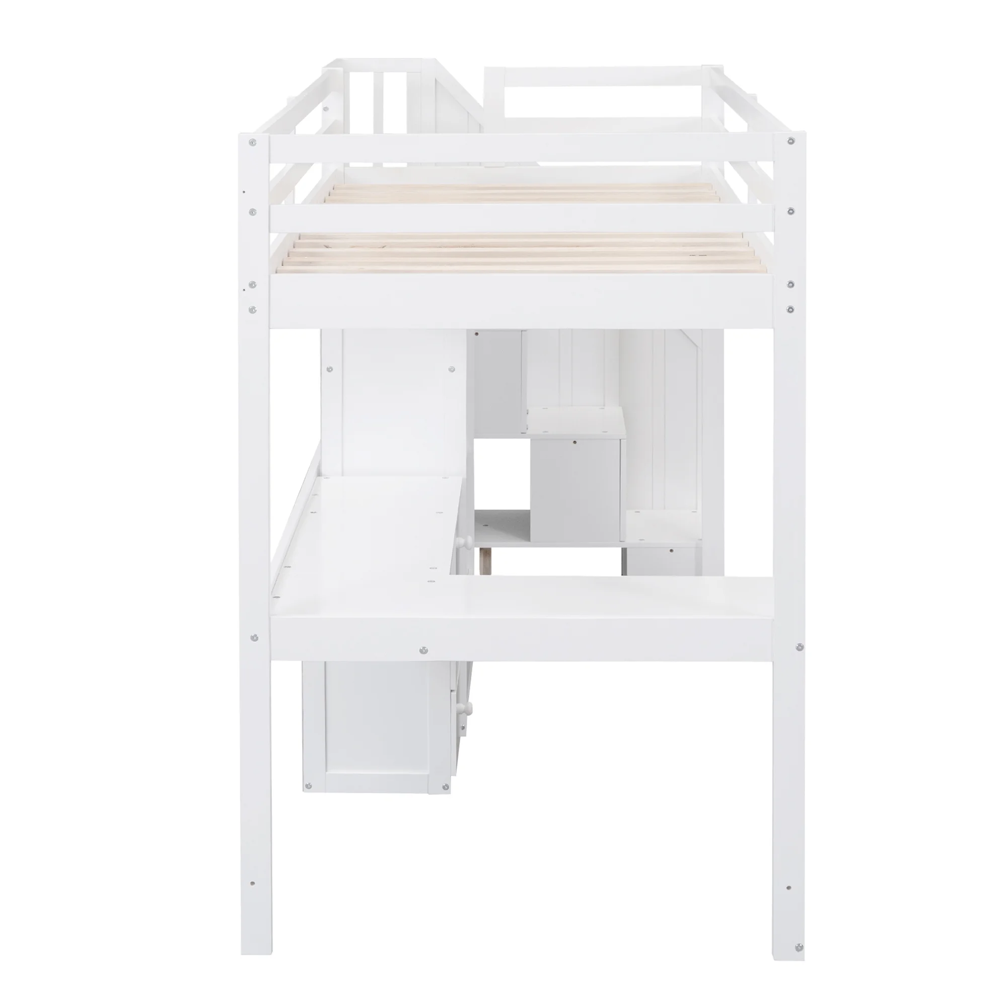 Twin Wood Loft Bed with L-Shaped Desk and Drawers, Cabinet and Storage Staircase, Loft Twin Bed with Desk for Teenagers, Multiple Functions Bed, Easy to Assemble (White)