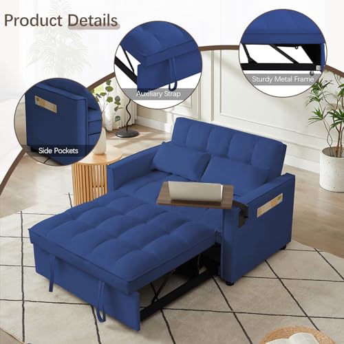 3 in 1 Sleeper Sofa Bed,47" Velvet Futon Tufted Pull Out Couch Bed,2 Seater Loveseat Chaise Lounge with Reclining Adjustable Backrest&Table for Living Room,Apartment,Office,Small Space(Beige)