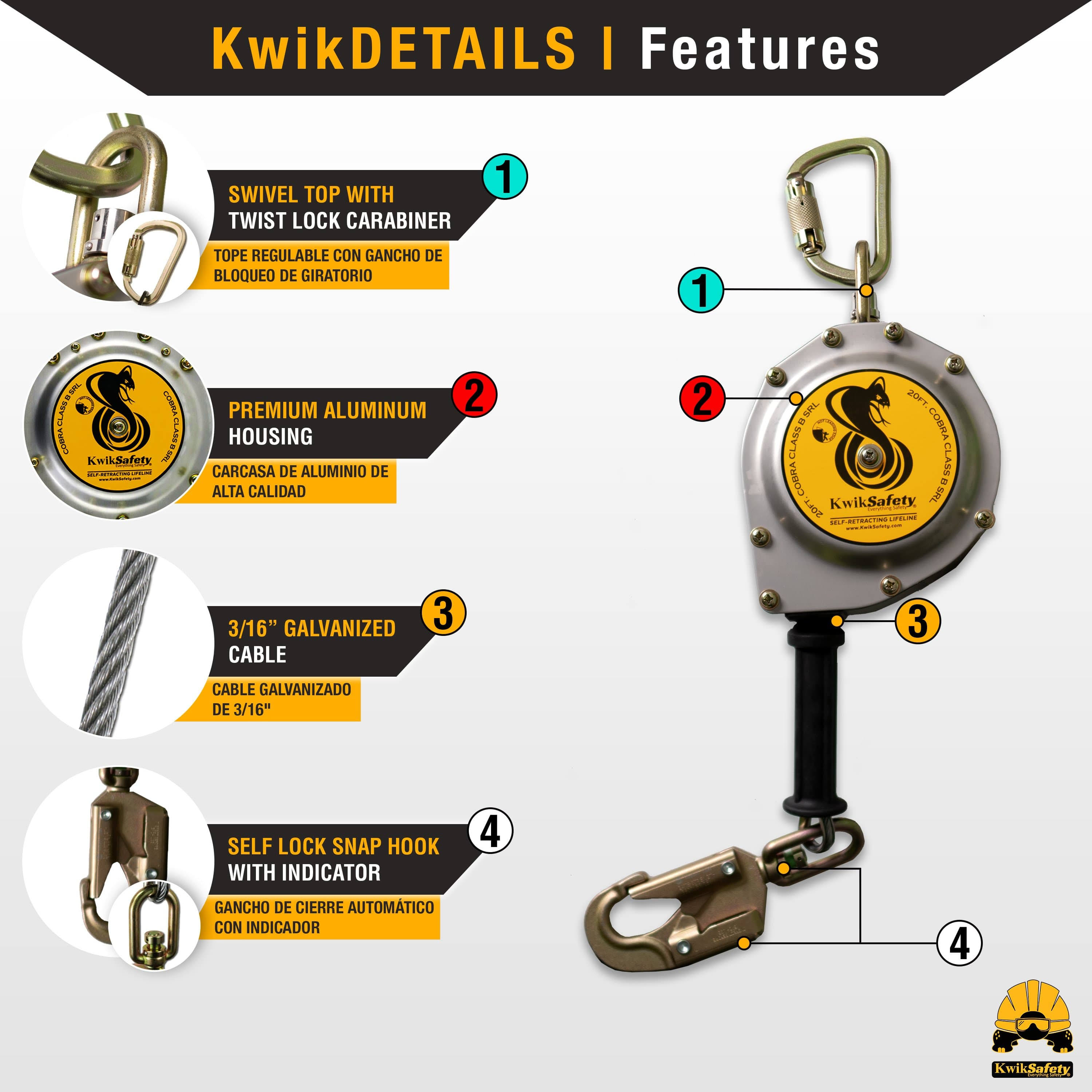 KwikSafety 20’ Cobra Self Retracting Lifeline ANSI Class B Cable SRL