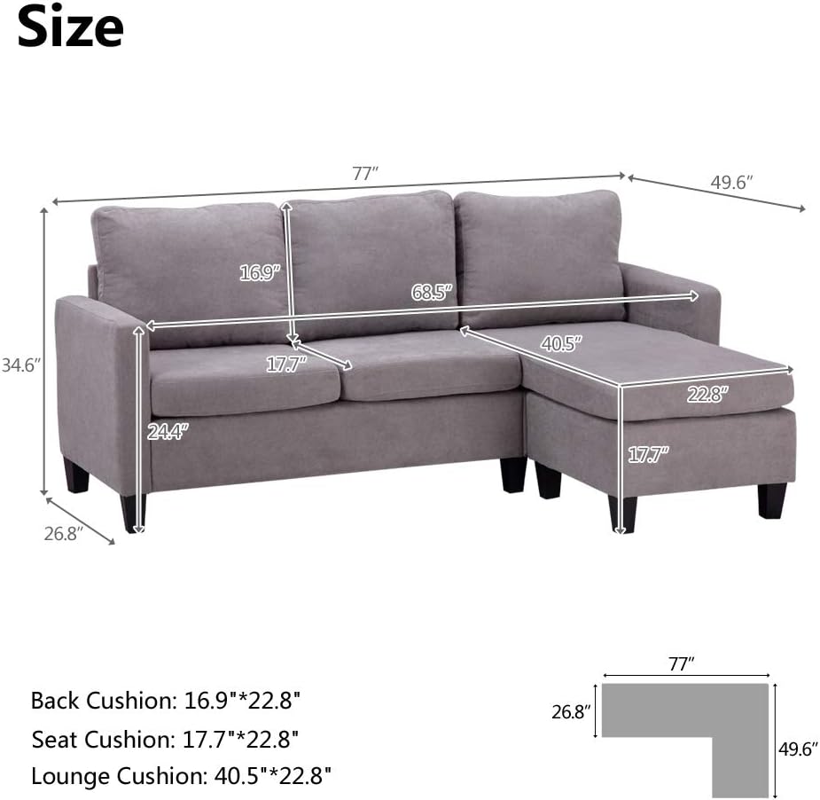 Convertible Sectional Sofa Couch, Modern Linen Fabric L-Shaped Couch 3-Seat Sofa Sectional with Reversible Chaise for Small Living Room, Apartment and Small Space (Light Grey)