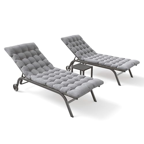 UDPATIO Chaise Lounge Outdoor Set of 3, Aluminum Lounge Chair with Removable Cushion Padding, 5 Adjustable Position Pool Lounger with Wheels and Side Table for Garden Poolside Patio (Beige)