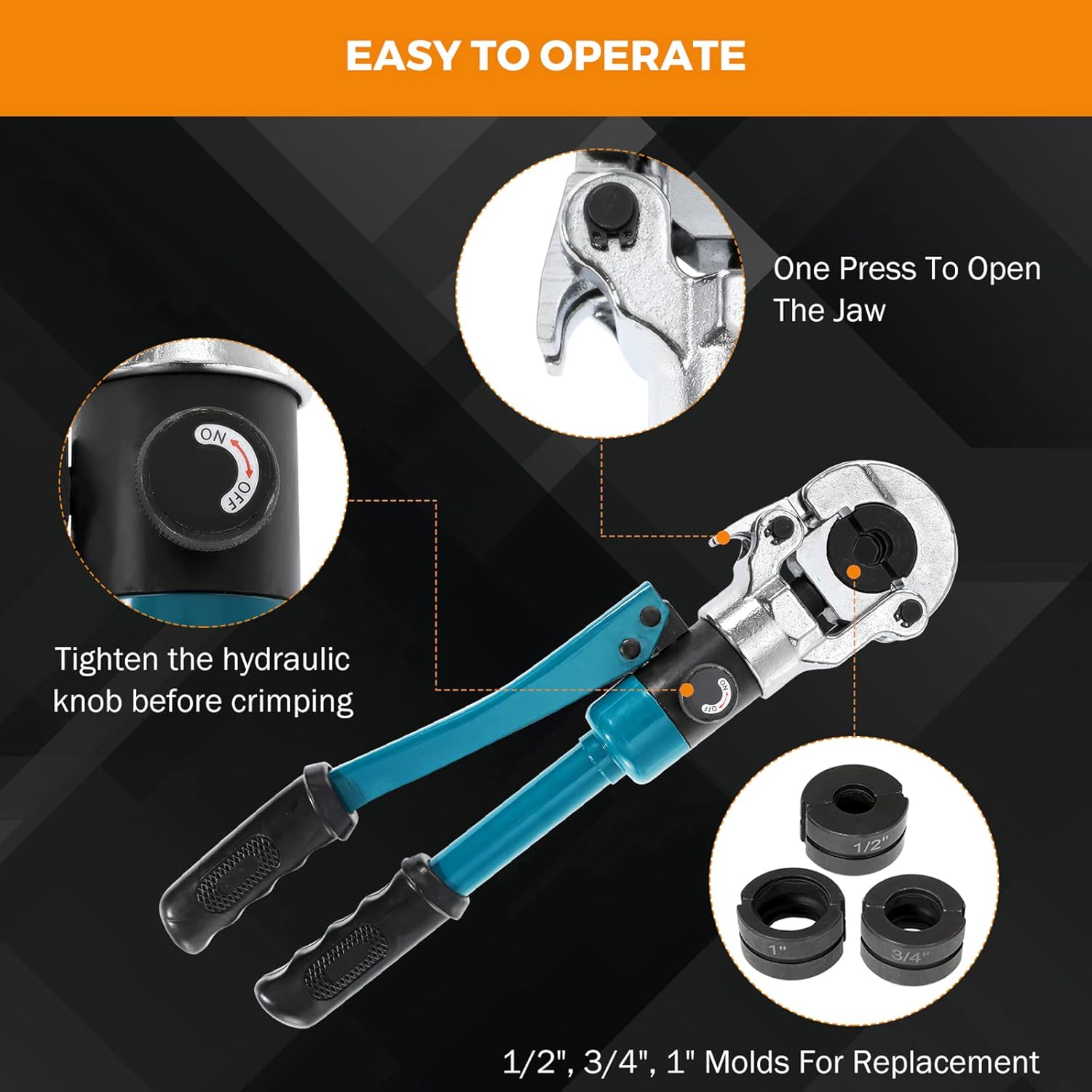 BEAMNOVA Hydraulic Copper Pipe Crimper Tool Set, 1/2, 3/4, 1 inch Dies Jaw, Universal Hand Press Copper Tube Crimping Pliers Kit with Storage Case