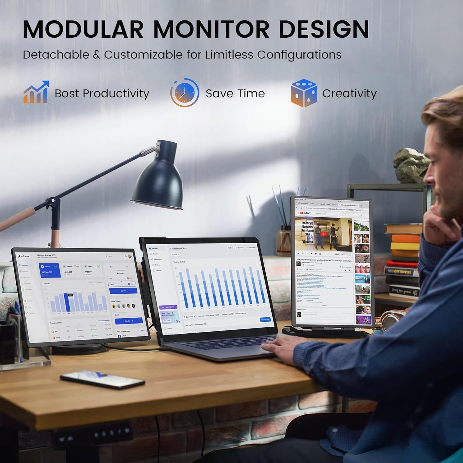 L LIMINK ET14 PRO Portable Triple Monitor for 13.3-16 Inches Laptops, 14" FHD 1200P Triple Detachable Screen Laptop Extender, Laptop Attachable Monitor Compatible with Mac/Wins, Powered by USB&HDMI