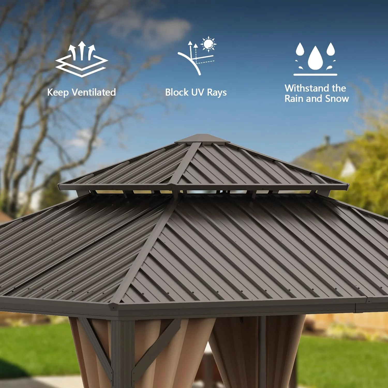 Domi Outdoor living10x10x9.5ft Hardtop Gazebo Double Roof Canopy Metal,w/Galvanized Steel,Curtain&Netting,Permanent Gazebo Pavilion