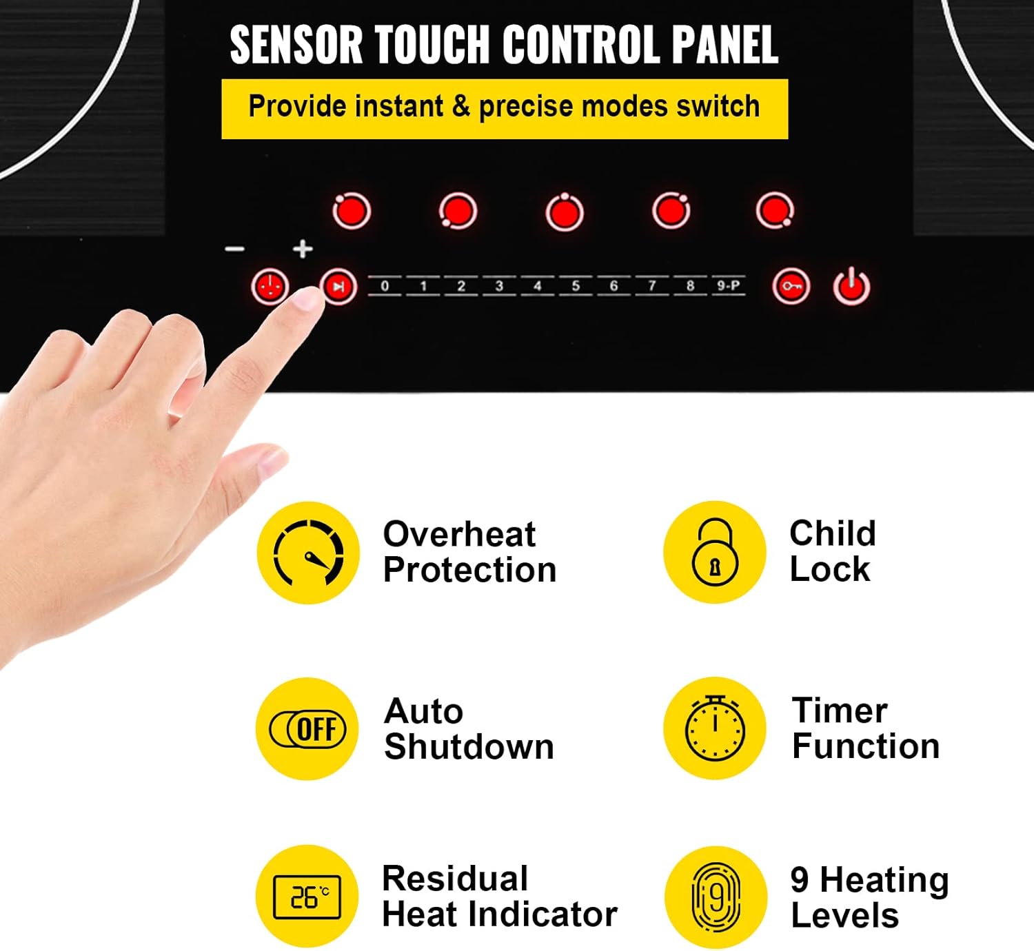 VEVOR Built-in Induction Electric Stove Top 5 Burners,35 Inch Electric Cooktop,9 Power Levels & Sensor Touch Control,Easy to Clean Ceramic Glass Surface,Child Safety Lock,240V