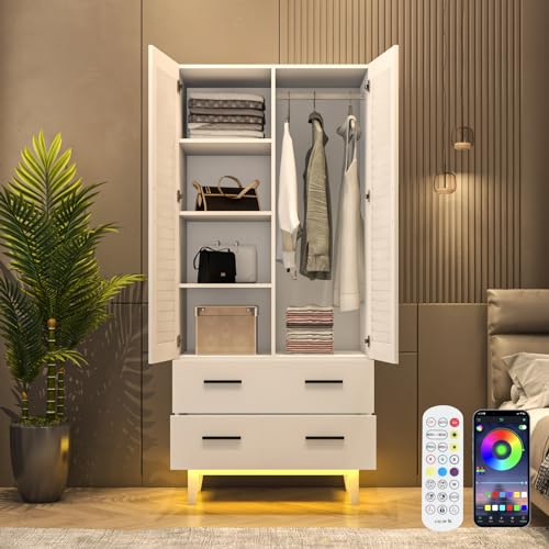 3 Door Armoire Wardrobe Closet Cabinet with Drawers and LED Lights, Multi-Tier Shelves, Hanging Rod & 3 Louver Doors, Large Capacity Storage Wardrobe Armoire for Bedroom, White