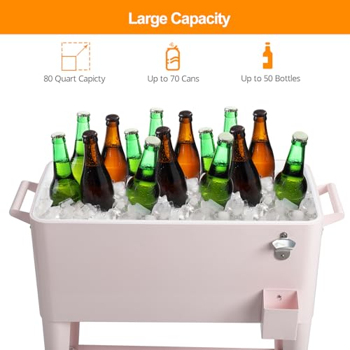 Bueuwe 80 Quart Rolling Ice Chest on Wheels, Portable Patio Party Bar Drink Cooler Cart with Shelf, Beverage Pool with Bottle Opener,Water Pipe,for Party Cookouts Backyard BBQ