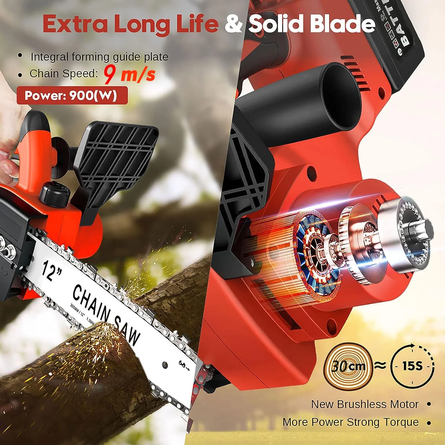 Tanbaby 12 Cordless Chainsaw, 900W Brushless Motor Battery Operated Chain Saw with 21V Rechargeable 3.0Ah Battery and Charger for Wood Cutting, Tree Trimming