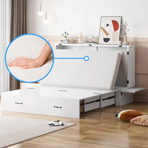 PUREMIND Murphy Bed Cabinet with Mattress Included, Queen Cabinet Beds with Storage Drawers, Murphy Chest Bed with USB Charging Station, Murphys Space-Saving Wallbed for Bedroom, Guest Room