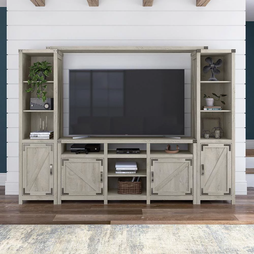 Bush Furniture 65W Farmhouse Entertainment Center with Shelves Cottage White