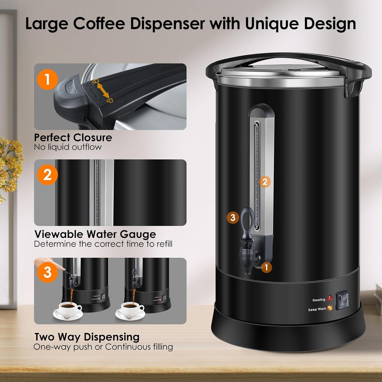 Coffee Urn 100Cups Large Coffee Dispenser 14.2L Full Stainless Steel Commercial Coffee Maker Double Wall Quick Brew Electric Beverage Dispenser Hot Water Urn-Black
