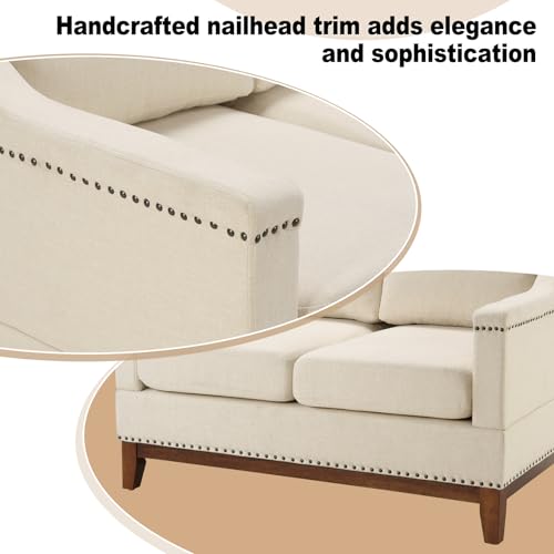 Classic 3-Seater Upholstered Sofa with Nailhead Trim, High-Density Foam Cushions & Sturdy Solid Wood Legs, Soft Fabric Couch for Living Room, Beige