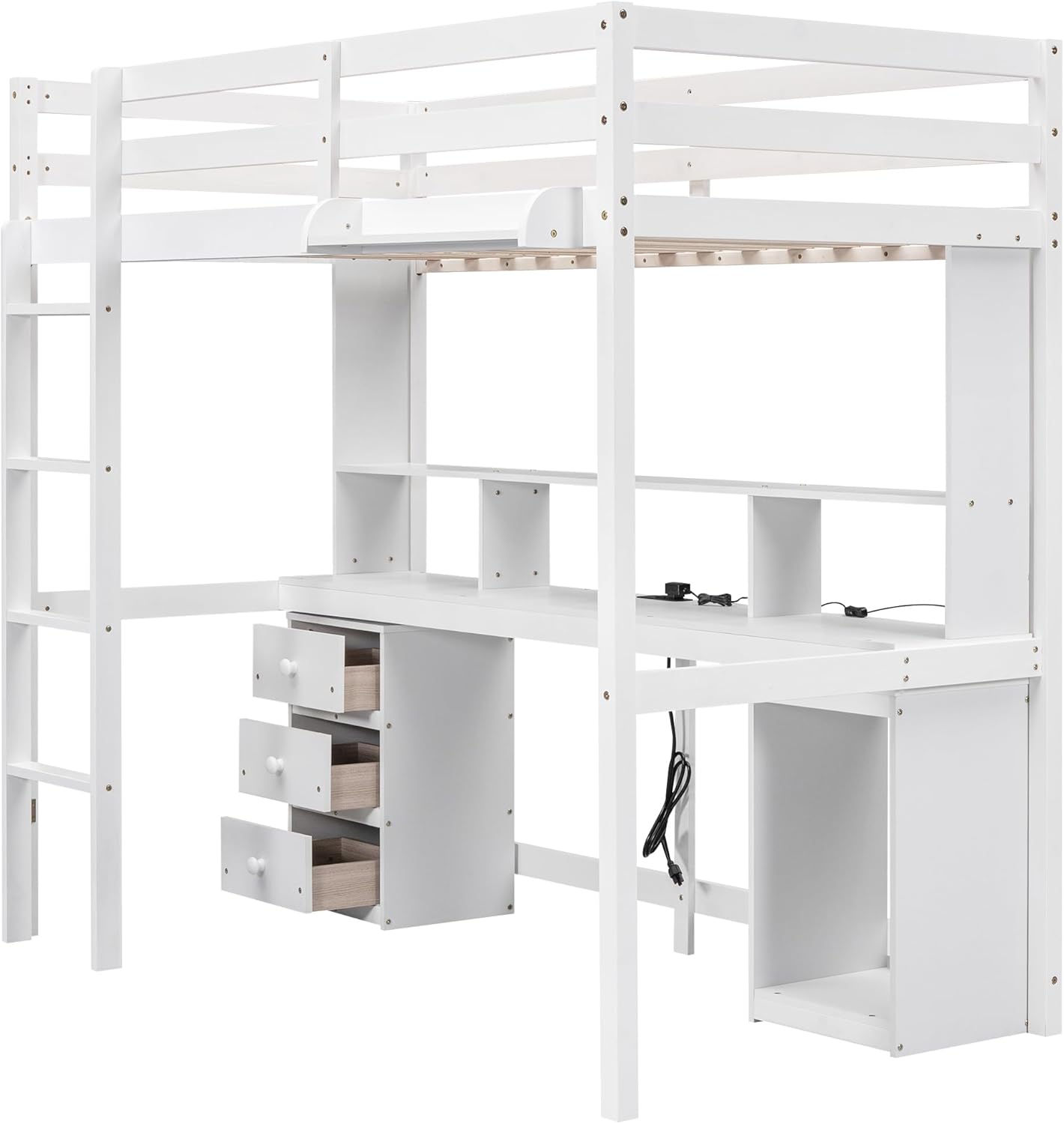 Full Size Loft Bed with Multi-Storage Desk, LED Light, Bedside Tray, Charging Station, and Wooden Frame with 3 Drawers - Perfect for Kids, Teens, Dorm Rooms, and Small Spaces, White（41.8" W）