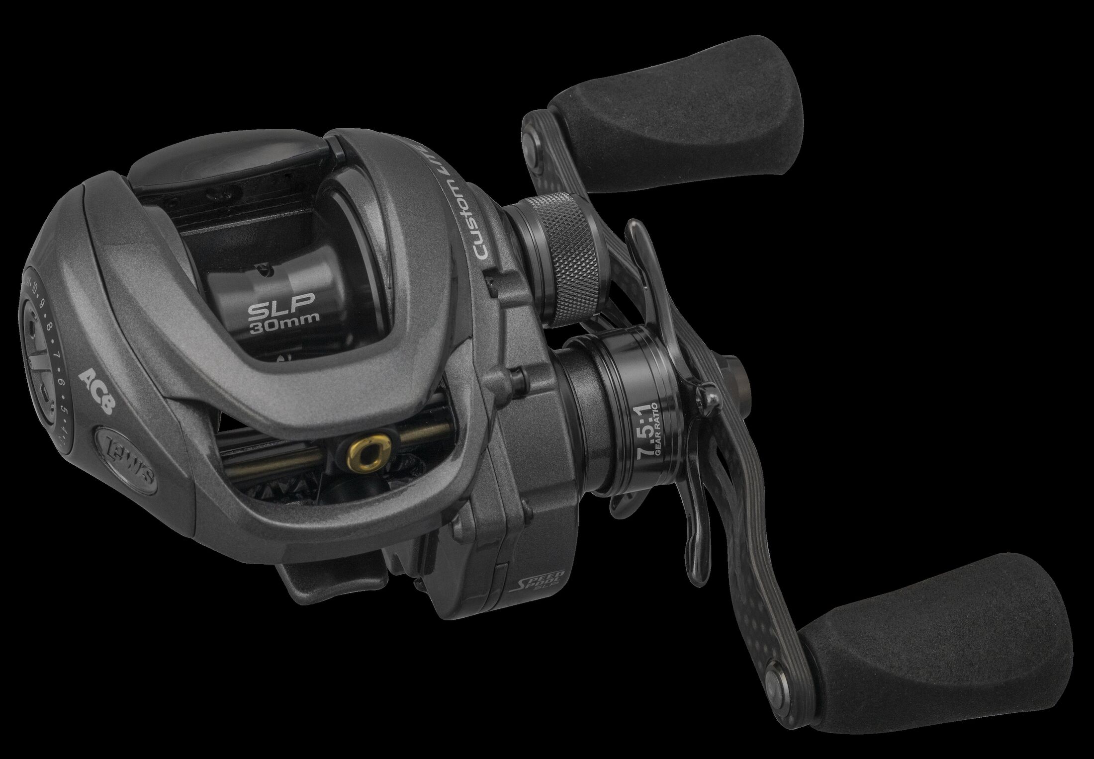 Lew's Custom Lite SLP Baitcast Fishing Reel, Left-Hand Retrieve, 7.5:1 Gear Ratio, 11 Bearing System with Stainless Steel Double Shielded Ball Bearings, Black