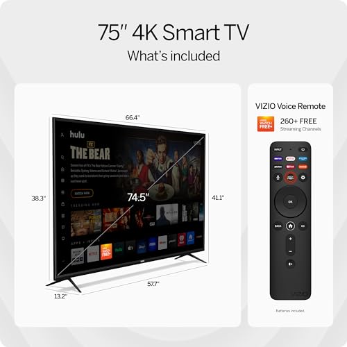 VIZIO 75-Inch V-Series 4K UHD LED Smart TV with Voice Remote, Dolby Vision, HDR10+, Alexa Compatibility, V755-J04, 2022 Model (Renewed)