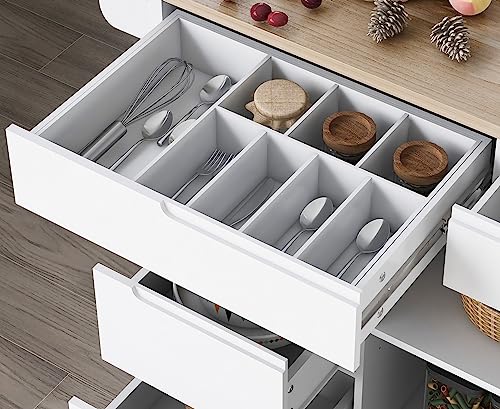 Utility Kitchen Island with Storage Cabinet on Wheels,Wooden Rolling Kithcen Island Cart with 8 Drawers, Rubber Wood Countertop, Spice and Towel Racks, Adjustable Shelves, White