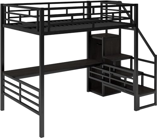 Metal Full Loft Bed with Desk and Wardrobe, Full Size with Storage Stairs and Guard Rail,Bed Frame