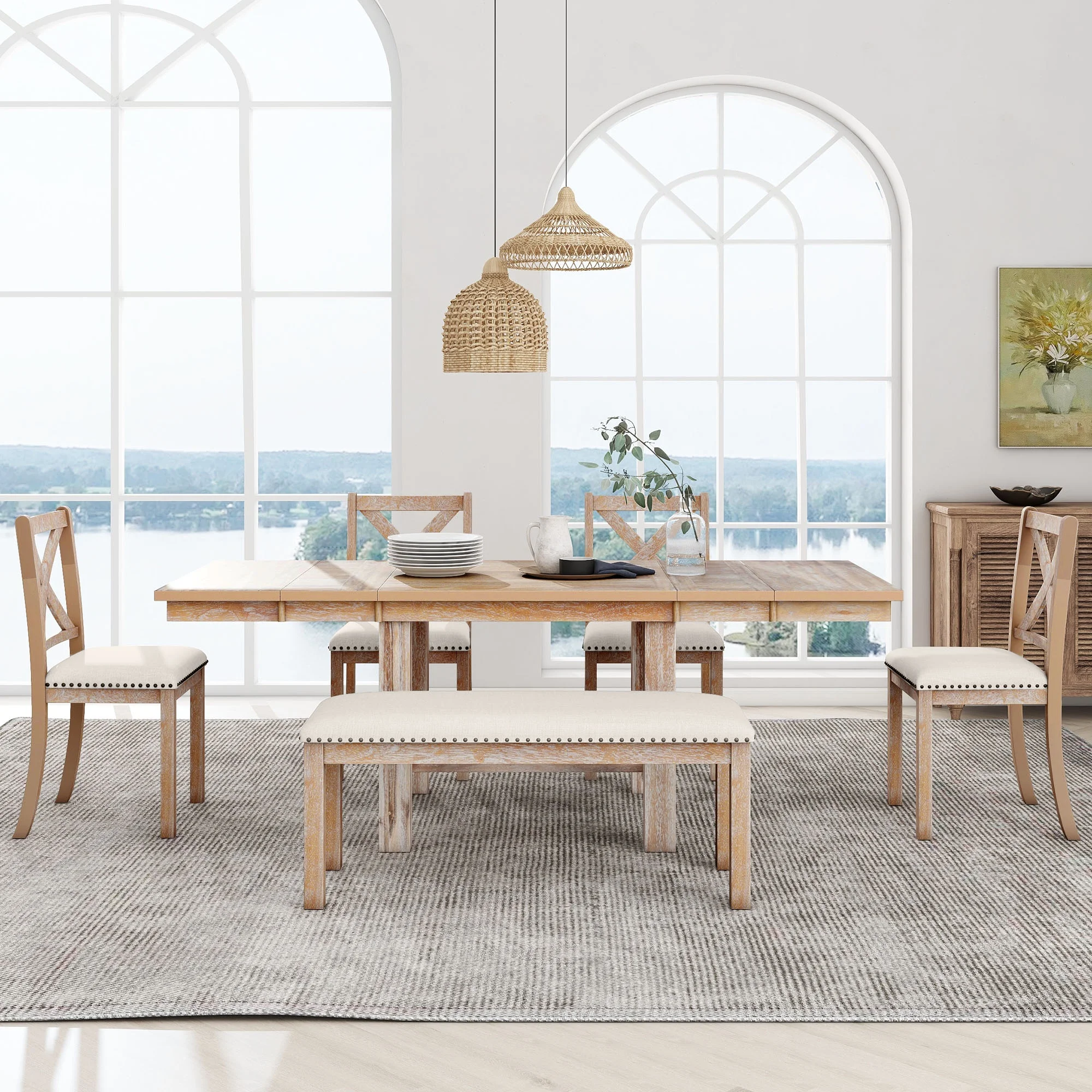 Churanty Farmhouse Extendable Dining Table Set for 6, Solid Wood Rectangular Kitchen Table Set with Removable Leaf,4 Upholstered Chairs and Bench, Natural