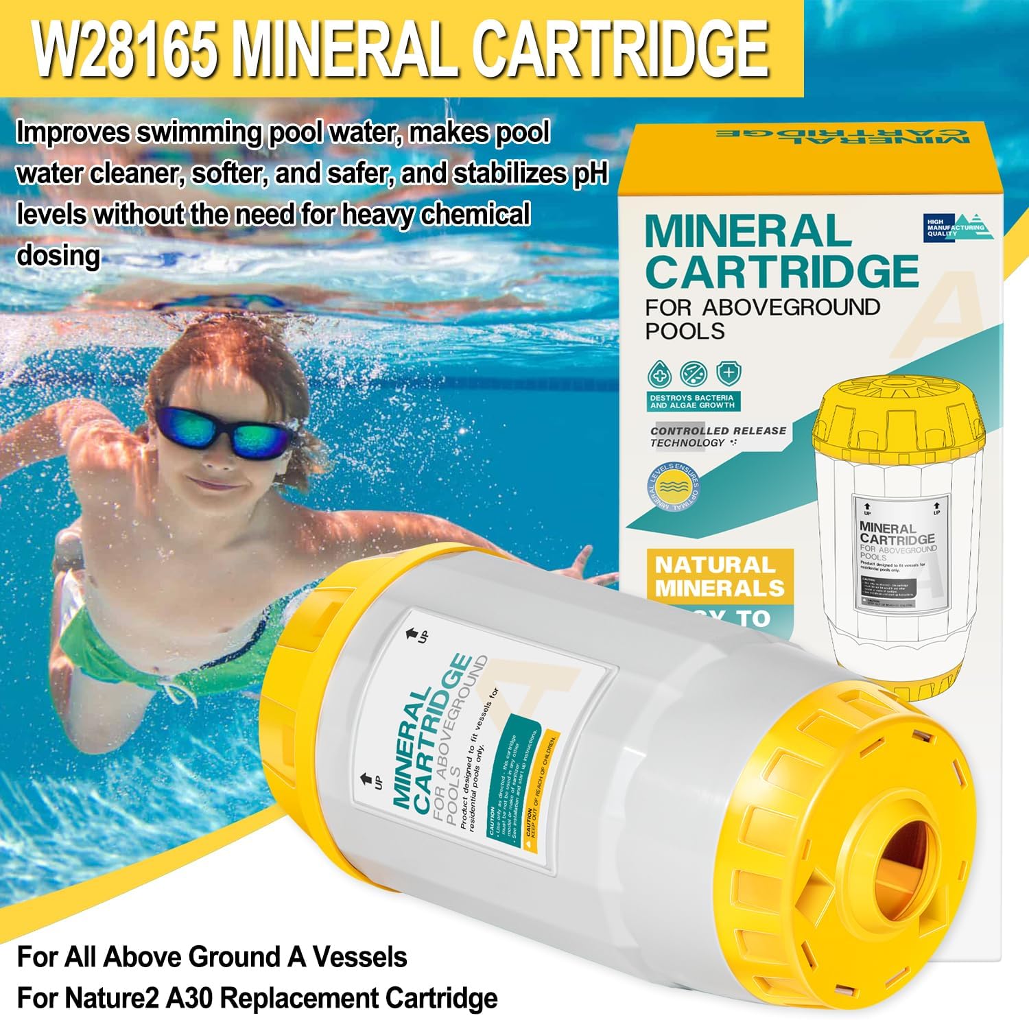 W28165 Mineral Cartridge Replacement Parts Kit Fit for Nature2 A30 Replacement Cartridge, for All Nature 2 Above Ground A Vessels, for Pools 5K to 30K Gallons (Except Limited)，Replace W28166, W26765