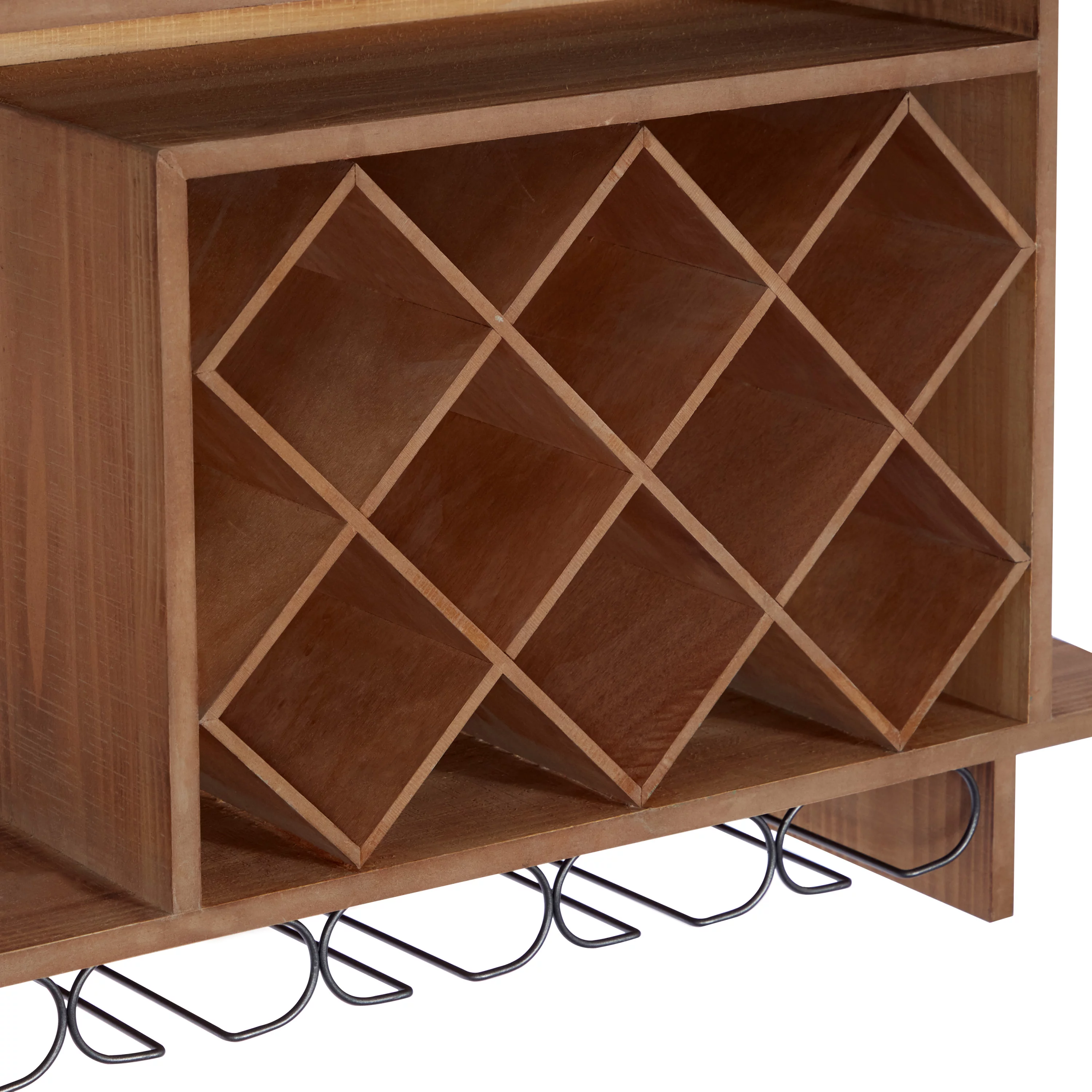 DecMode 34" x 20" Brown Wood Geometric 8 Bottles Wall Wine Rack with 6 Glass Holder Slots, 1-Piece