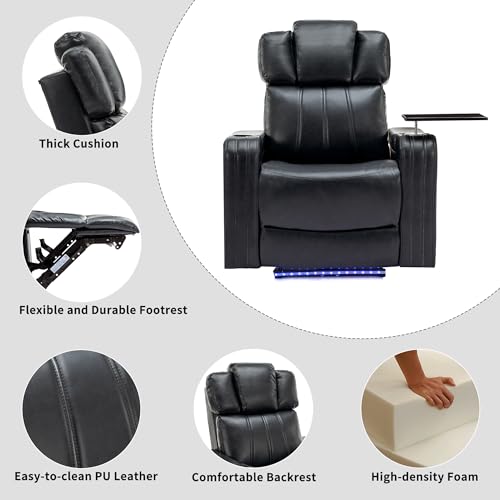 Merax Power Recliner Chairs for Living Room, with Cooling Cup Holder Bluetooth Speaker LED Lights USB Ports Tray Table Storage, Dark Blue