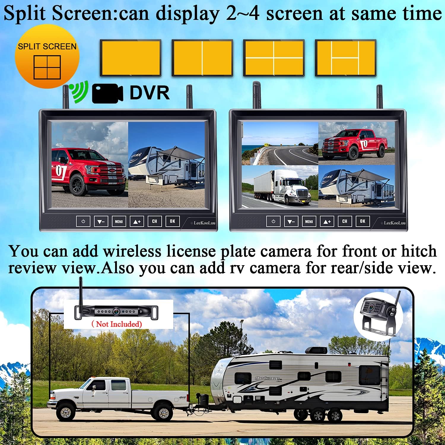Wireless Trailer Camera HD 1080P 7 Inch DVR Monitor with Wireless 2 Rear View Cameras for RV/Truck/Bus/Camper/5th Wheel IP69 Waterproof Support 4 Cameras LeeKooLuu LK9