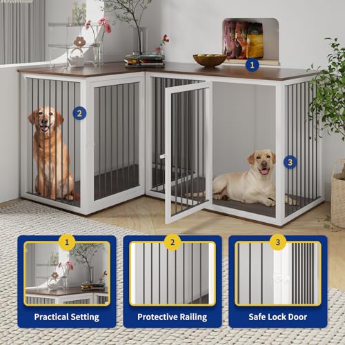 Dog Crate Furniture for 2 Dogs, 79.1" Large Dog Kennel Furniture with Dividers and Double Doors, All Steel Frame Double Dog Crate, 41.7" L X 22" W X 30.3" H, 37.4" L X 22" W X 30.3" H (Black Gray)