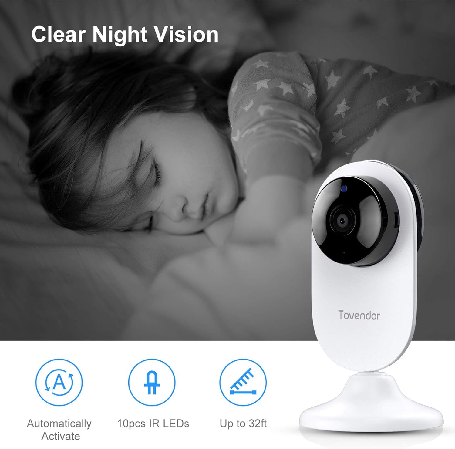 Tovendor Mini Smart Home Camera, 1080P 2.4G WiFi Security Camera Wide Angle Nanny Baby Pet Monitor with Two Way Audio, Cloud Storage, Night Vision, Motion Detection