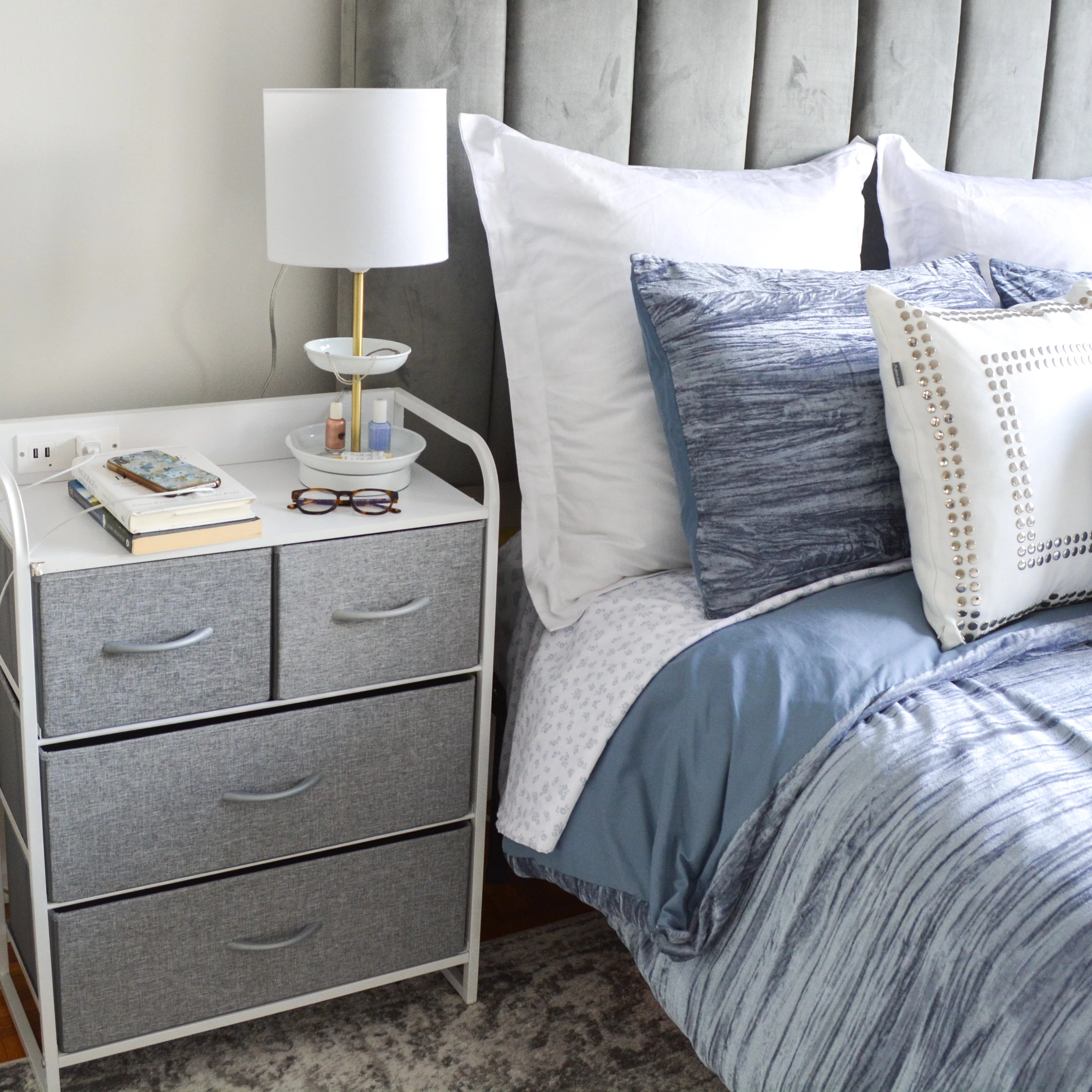 Dormify Charging 4-Drawer Storage Unit, 1 Outlet & 2 USB Ports, Storage Drawers, Organizer, Nightstand, Closet Dresser, Grey, Storage for Small Spaces, Dorm Room Essentials
