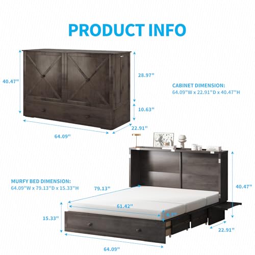 Mjkone Queen Size Murphy Bed with Tri-Folding Mattress, Charging Station, Modern Cabinet Bed with Drawers, Multifunctional Design Wall Murphy Beds for Living Room, Apartment (Cherry Pattern H)