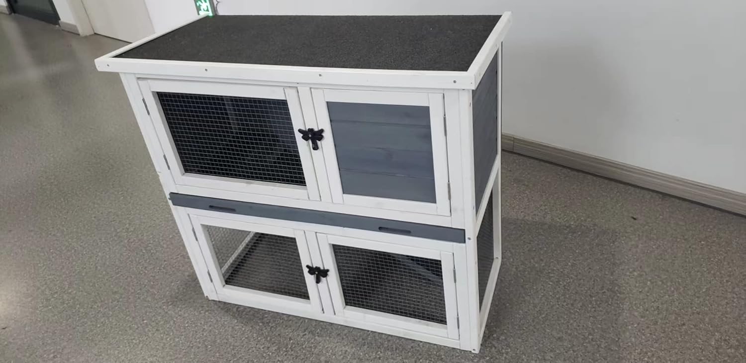 Goohome Two Floors Wooden Rabbit Hutch Outdoor, Guinea Pig Hutch, Bunny Cages for Rabbits Outdoor with Ramp Removable Tray and Weatherproof Roof, Ventilation Door, for Small to Medium Animals Habitat