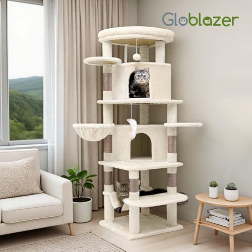 Globlazer Corner Cat Tree for Large Cats, 66inch Tall Curved Series Large Cat Tower for Multiple Indoor Cats with 6 Scratching Posts, 2 Spacious Cat Condos, Hammock, Hanging Basket, C66, Beige