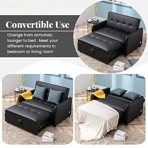 2-in-1 Pull-Out Sofa Bed, Loveseat Convertible Sofa, Convertible Lounge Chair, Sleeper Couch Bed with Dual USB Ports Adjustable Backrest, for Small Room Apartment, Easy Assembly, Brown